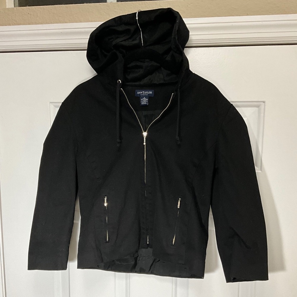 Ann Taylor Stretch Black Hooded Full Zip Jacket Cotton Blend Women Small
